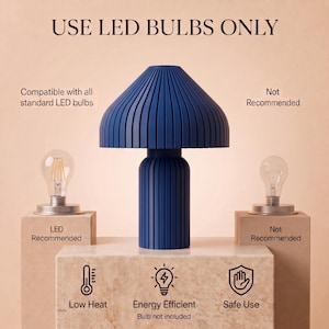 May include: A blue table lamp with a ribbed mushroom-shaped shade and cylindrical base. Text reads: USE LED BULBS ONLY, Compatible with all standard LED bulbs, Not Recommended, LED Recommended, Low Heat, Energy Efficient, Safe Use, Bulb not included.