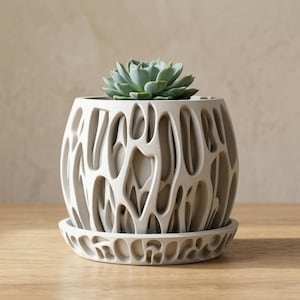 Jardinière moderne avec plateau de drainage, jardinière d'intérieur sculpturale imprimée en 3D, pot de plante d'intérieur minimaliste, jardinière succulente, jardinière de bureau