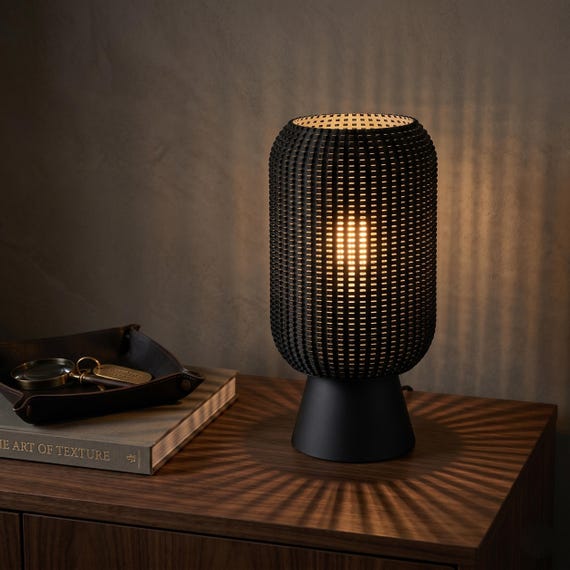 Black Perforated Table Lamp, Sculptural Ambient Bedside Lamp, Shadow Casting Desk Light