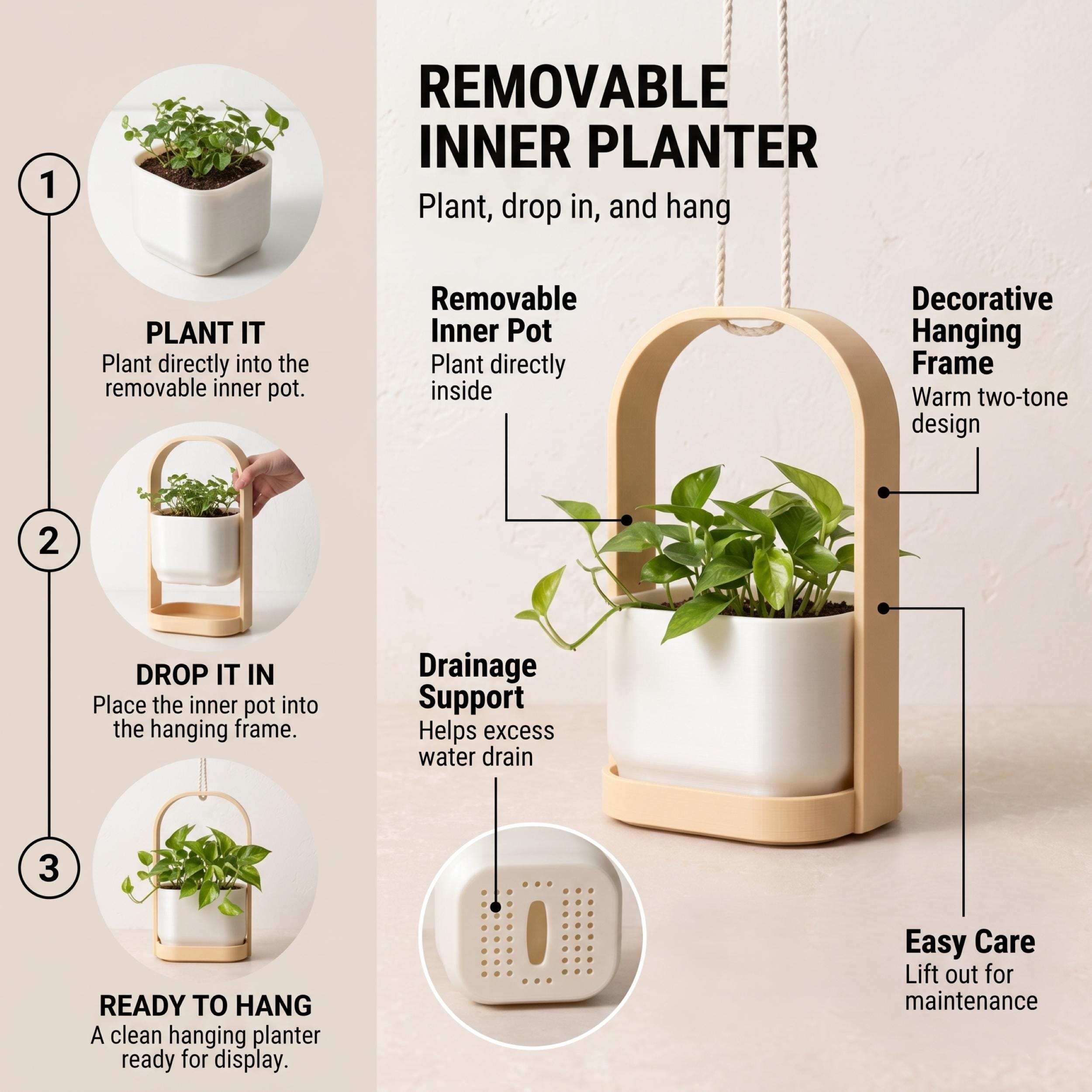 Indoor Hanging Planter, Removable Plant Pot With Drainage, Window Plant ...