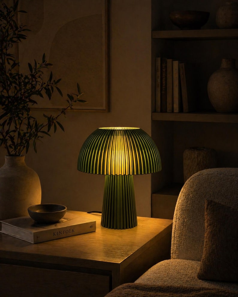 Puede incluir: Una l&aacute;mpara de mesa de color verde oscuro con una pantalla en forma de seta y una base cil&iacute;ndrica, ambas con un dise&ntilde;o de listones verticales. La l&aacute;mpara emite un brillo amarillo c&aacute;lido y suave desde debajo de la pantalla, iluminando el &aacute;rea.
