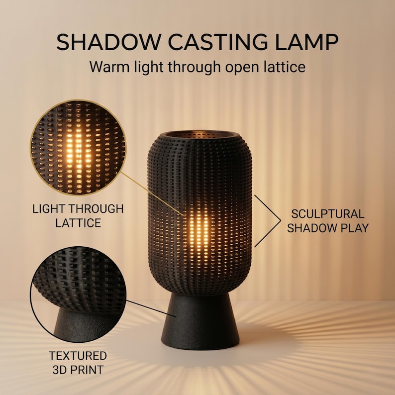 Schwarze perforierte Tischlampe, skulpturale Ambient Nachttischlampe, Schattenwerfen Schreibtischleuchte Bild 10