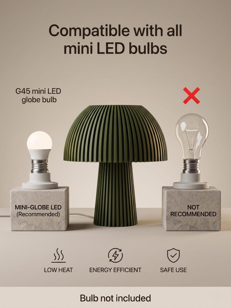 Puede incluir: Una l&aacute;mpara en forma de hongo de color verde oscuro con dise&ntilde;o acanalado. La imagen muestra la compatibilidad con bombillas LED globo G45, recomendadas por su bajo calor y eficiencia energ&eacute;tica, mientras que las bombillas est&aacute;ndar no lo son.