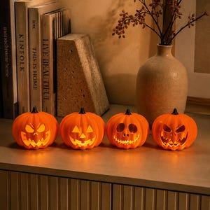 May include: Four small, orange, pumpkin-shaped LED lights arranged in a row. Each pumpkin features a unique carved face with cutouts for eyes, noses, and jagged mouths, illuminated from within by a warm, glowing light source.