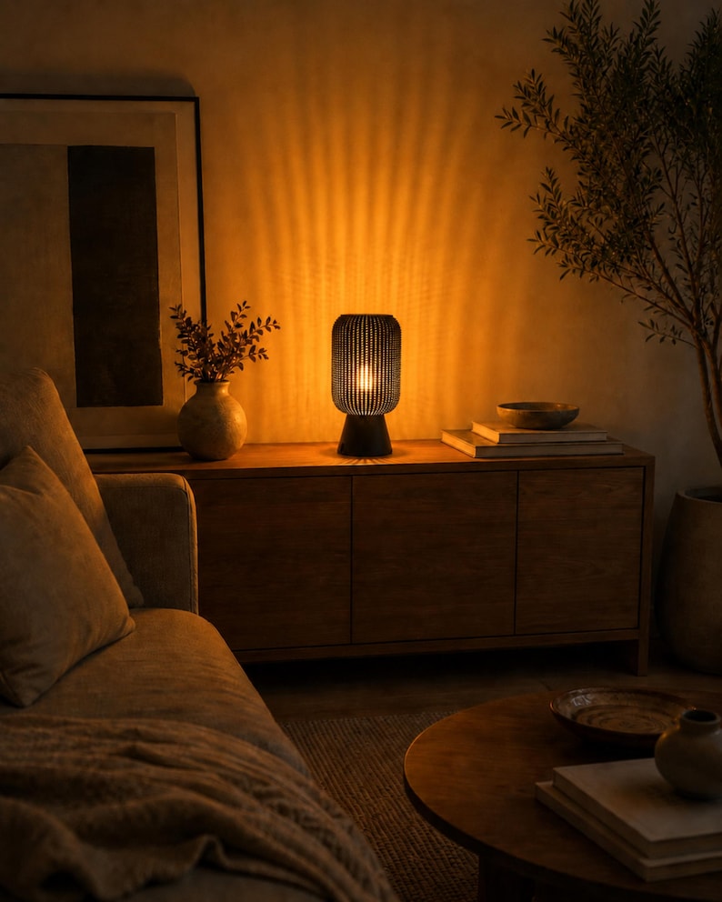 K&ouml;nnte beinhalten: Eine zylindrische Tischleuchte mit einem dunklen, lamellierten Au&szlig;enschirm, der ein warmes, leuchtendes Licht abgibt. Die Lampe verf&uuml;gt &uuml;ber einen massiven, abgerundeten Sockel und wirft vertikale Lichtmuster an die Wand, was f&uuml;r eine sanfte Beleuchtung sorgt.