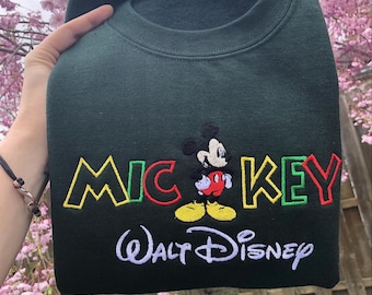 Camiseta bordada do Mickey Walt Disney, Moletom bordado para fãs do Mickey, Blusa de moletom com capuz bordada para viagem à Disneylândia, Camiseta para fãs da Disney