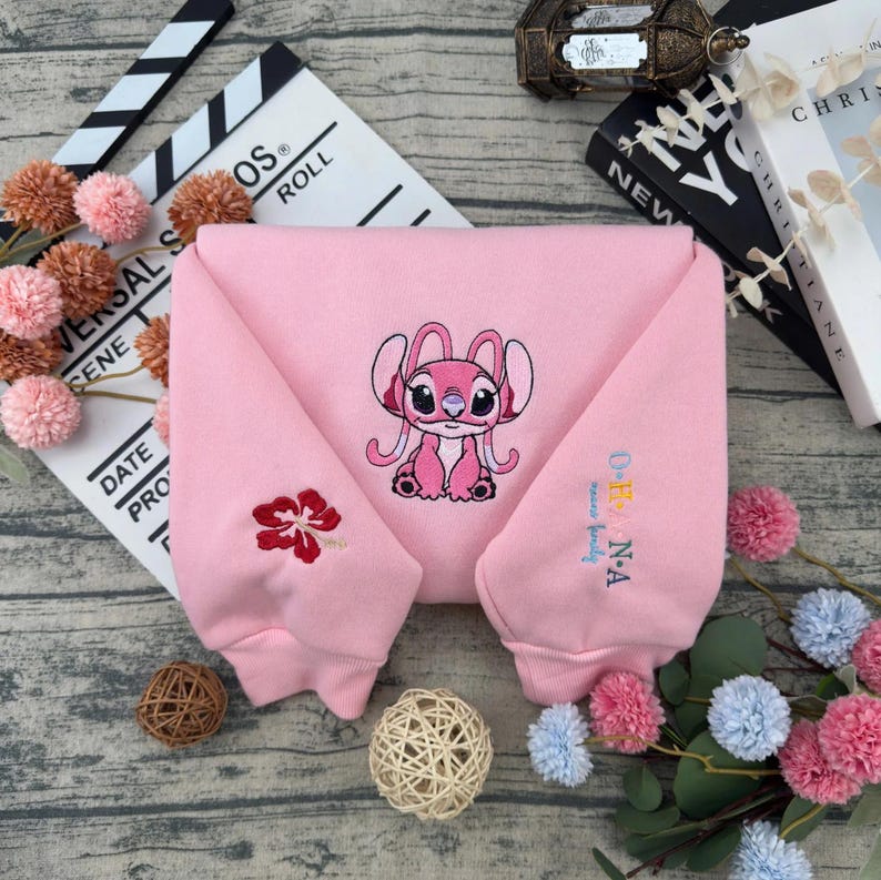 Disneyland Lilo Stitch And Angel Embroidered T-Shirt, Disney Matching Sweater, OHANA Means Family Disney Hawaii Embroidery Hoodie image 4