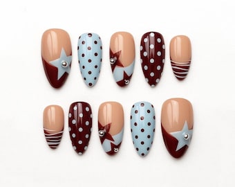 Patriotic Star Press On Nails, Red Blue Polka Dot Nails, Retro Americana Nails, Cute Star Nails, Handmade Glue On Nails