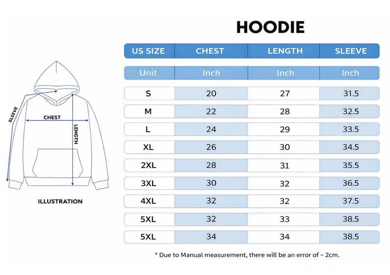May include: A diagram illustrating a hoodie with measurements for chest, length, and sleeve in inches. The size chart includes US sizes S to 5XL, with corresponding measurements. The text "HOODIE" is at the top.
