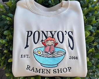Ponyo's Ramen Shop Embroidered T-Shirt, Anime Lovers Embroidered Sweater, Anime Embroidery Hoodie, Anime Lovers Gift
