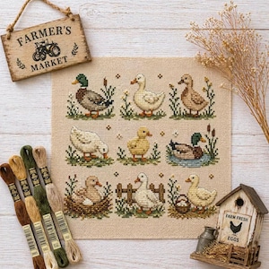 Korsstygnskit med bondgårdsdjur, broderikit med anka, DIY-kit med rustikt bondgårdsmotiv, korsstygnsgåva för nybörjare med bondgårdsmotiv, handarbete med Cottagecore-motiv