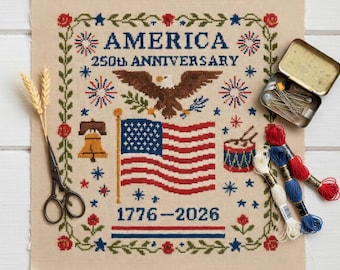 アメリカ建国250周年記念クロスステッチキット、愛国心あふれるアメリカ国旗刺繍キット（1776-2026年）、イーグル・リバティ・ベルDIY針仕事クラフトギフト