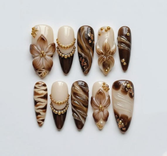 Brown Marble Floral Press On Nails, Gold Beaded Mocha Nails, Luxury 3D Flower Nails, Elegant Handmade Reusable Nail Set