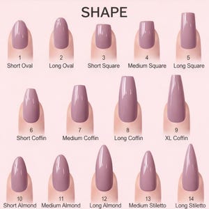 May include: A chart titled SHAPE displaying fourteen mauve-colored artificial nail samples numbered 1 through 14. The shapes include short, medium, long, and extra-long variations of oval, square, coffin, almond, and stiletto nail styles.
