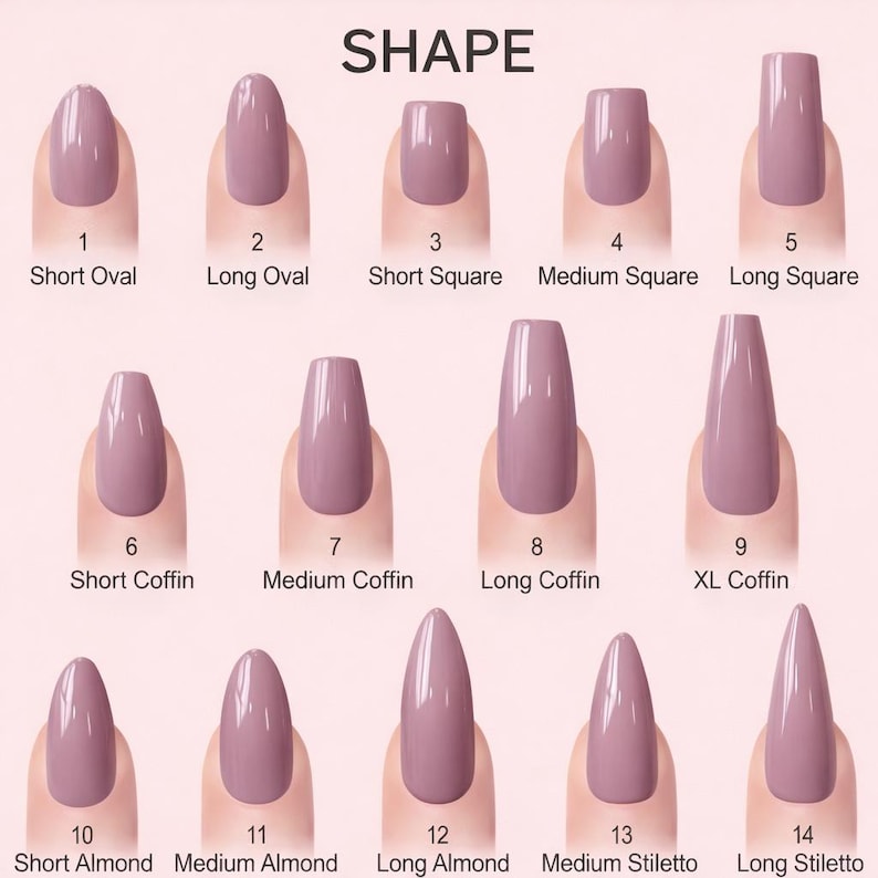 May include: A chart titled SHAPE displaying fourteen mauve-colored artificial nail samples numbered 1 through 14. The shapes include short, medium, long, and extra-long variations of oval, square, coffin, almond, and stiletto nail styles.