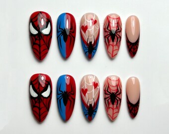 Spider Superhero Press On Nails, Red Blue Web Design Nail Set, Spider Nails, Cute Heart Spider Nails Set, Handmade Gel Fake Nails