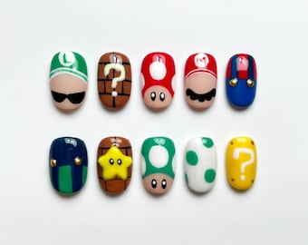 Mario Press On Nails, Luigi Mushroom Star Nail Set, Nintendo Inspired Cartoon Nails, Cute Gamer Nails, Handmade Gel Fake Nails