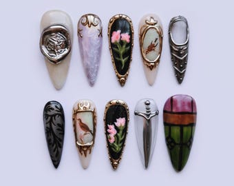 Medieval Fantasy Press On Nails, Gothic Rose Bird Nail Art, Antique Silver Armor Nails, Dark Romantic Vintage Nail Set