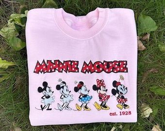 Minnie Maus besticktes T-Shirt, Minnie Maus Evolution Stickerei Sweatshirt, Disney Minnie Maus Shirt, niedliches Vintage Cartoon Geschenk