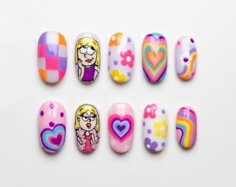 Lizzie McGuire Press On Nails, Y2K Cartoon Nail Set, Pink Rainbow Heart Nails, Disney Inspired Custom Fake Nails