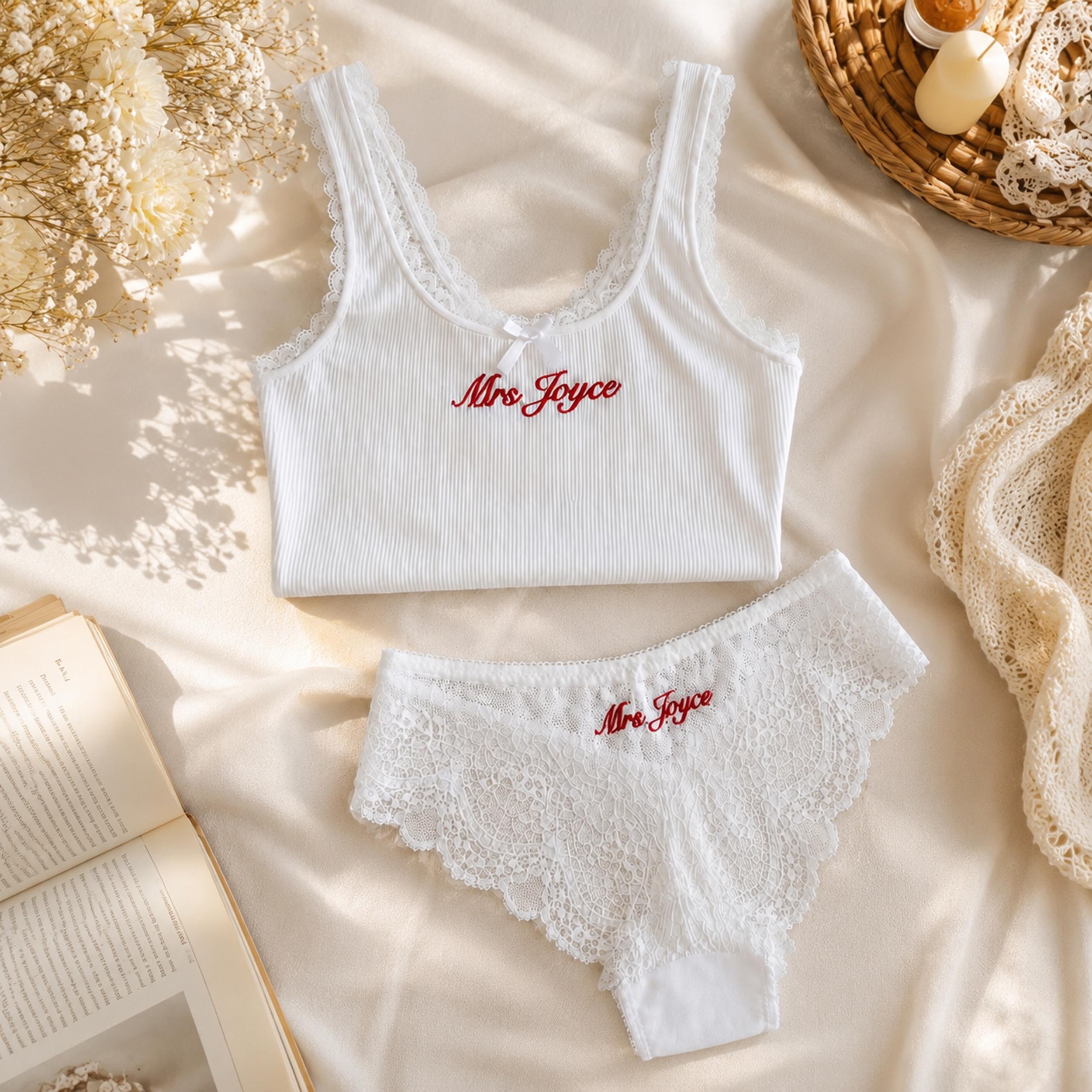 Custom Embroidered Bridal Lingerie Set, Personalized Lace Camisole & Panty Set, Custom Name Pajama, Wedding Gift for Bride