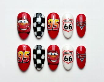 Lightning McQueen Press On Nails, Disney Cars Nail Set, Route 66 Racing Nails, Cartoon Character Nails, Handmade Gel Fake Nails