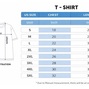 May include: A white t-shirt illustration with a size chart. The chart shows chest and length measurements in inches for sizes S to 5XL. The text "T-SHIRT" is at the top.