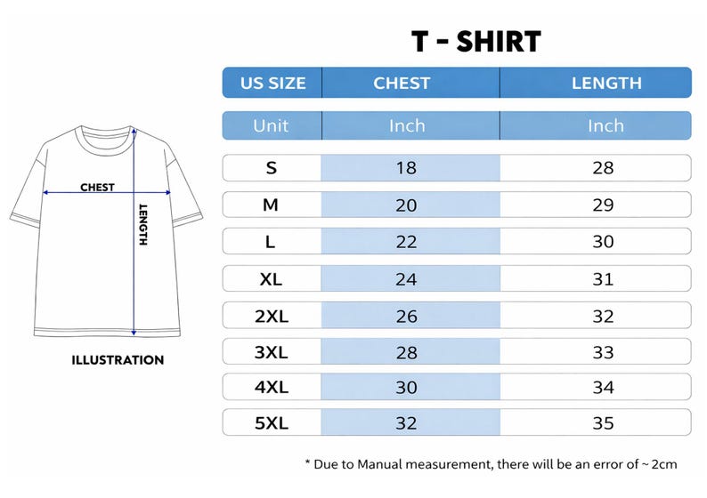 May include: A white t-shirt illustration with a size chart. The chart shows chest and length measurements in inches for sizes S to 5XL. The text "T-SHIRT" is at the top.