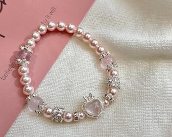 Rose Quartz Bracelet for Women, Round Beaded Bracelet, Pink Crystal Gemstone Healing Bracelet, Rose Quartz Crystal Bracelet