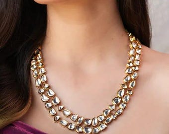 Conjunto de collar Kundan hecho a mano: joyería nupcial india chapada en oro.