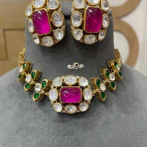 Conjunto de collar Kundan Polki, piedras de rubí verde, joyería nupcial para bodas, collar llamativo de oro antiguo