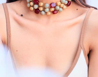 Statement Multistrand Beaded Choker – Red & Gold Contemporary Chunky Necklace