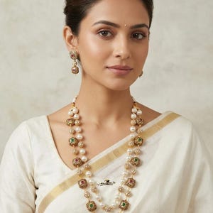 Long Pearl Kundan Necklace Set, Indian Bridal Jewelry, Layered Pearl Mala, Ruby Stone Ethnic Wedding Necklace Gift