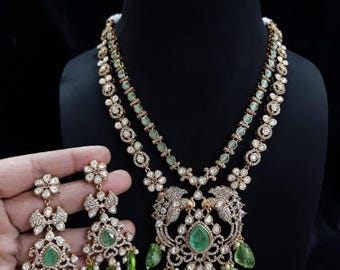 Green Kundan Meenakari Necklace Set – Bridal Jewelry with Gemstone Drops & Floral Motifs