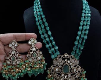 White Bead Kundan Necklace Set – Grand Mughal Pendant & Jhumka Earrings, Bridal Jewelry