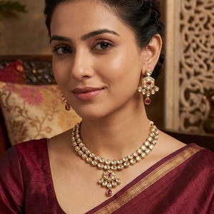 Ruby Kundan Pearl Choker Necklace Set, Traditional Indian Bridal Jewelry, Gold Tone Wedding Necklace, Handmade Ethnic Gift