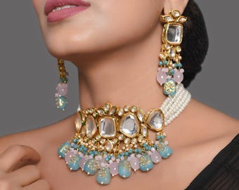 Conjunto de gargantilha Polki Kundan, contas rosa pastel e azul, joias de noiva indianas