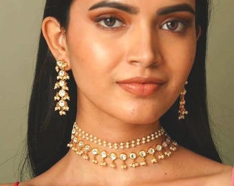 Handcrafted Kundan Polki Choker Necklace Set with Pearl Tika | Bridal Wedding Jewelry
