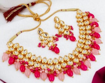 Pink Meenakari Kundan Choker Necklace Set – Handcrafted Beaded Statement Bridal Jewelry