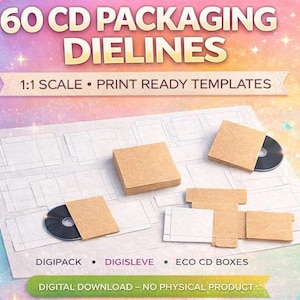 Peut inclure: Image de 60 gabarits d'emballage de CD. L'image présente une variété de modèles d'emballage de CD, notamment Digipack, Digisleeve et boîtiers Eco CD. Le texte indique "1:1 Scale Print Ready Templates" et "Digital Download - No Physical Product".