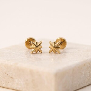 May include: A pair of gold-toned stud earrings featuring a multi-pointed star design. Each earring has a central raised point with radiating rays, finished with a smooth metallic surface and a circular backing post visible behind the star shape.
