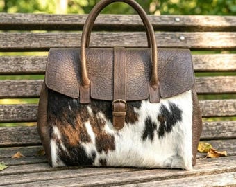 Cowhide Handbag, Tricolor Hair On Hide Satchel, Brown Leather Top Handle Purse, Western Gift