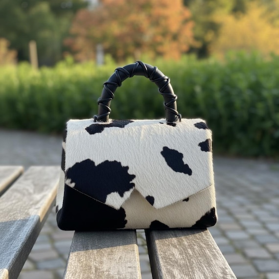 Handmade Hair on Leather Bag – Black White Hobo Purse Western Gift For Her