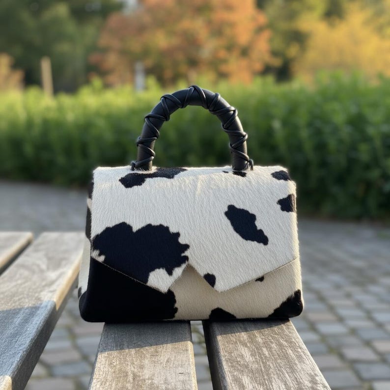 May include: A structured handbag featuring a black and white cow print pattern with a textured hair-on-hide finish. The bag includes a single top handle wrapped in black leather and a flap closure that covers the front body of the accessory.