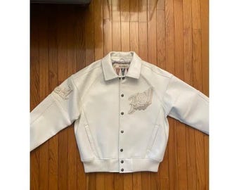 Avirex Gold Club White Varsity Jacket, Embroidered Leather Bomber Jacket, Urban Streetwear