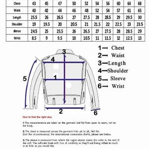 May include: A men's jacket size chart, displaying measurements in inches for chest, waist, length, shoulder, sleeve, and wrist. Includes a jacket diagram with numbered measurement points and instructions on how to measure.
