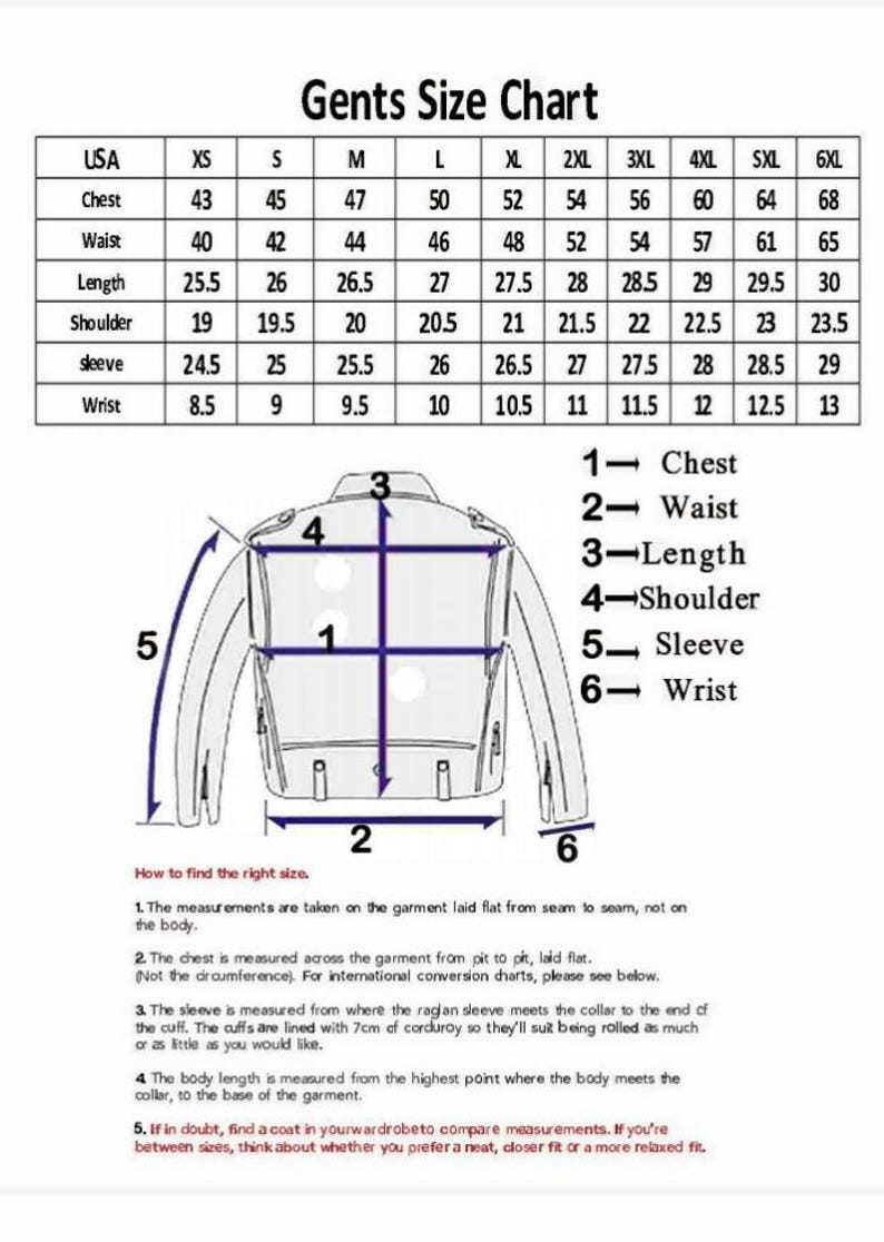 May include: A men's jacket size chart, displaying measurements in inches for chest, waist, length, shoulder, sleeve, and wrist. Includes a jacket diagram with numbered measurement points and instructions on how to measure.