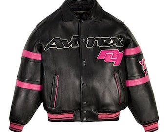 Avirex Black & Pink Genuine Cowsoft Leather Varsity Bomber Jacket