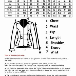 May include: A ladies' size chart with measurements in inches for chest, waist, hips, length, shoulder, sleeve, and wrist. A diagram of a jacket illustrates where to measure. Instructions on how to find the right size are included.