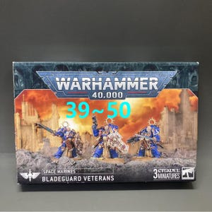 May include: A Warhammer 40,000 Space Marines Bladeguard Veterans miniature set. The box shows three blue and gold armored figures with weapons, set against a backdrop of a ruined city. The text "WARHAMMER 40,000" is prominently displayed.